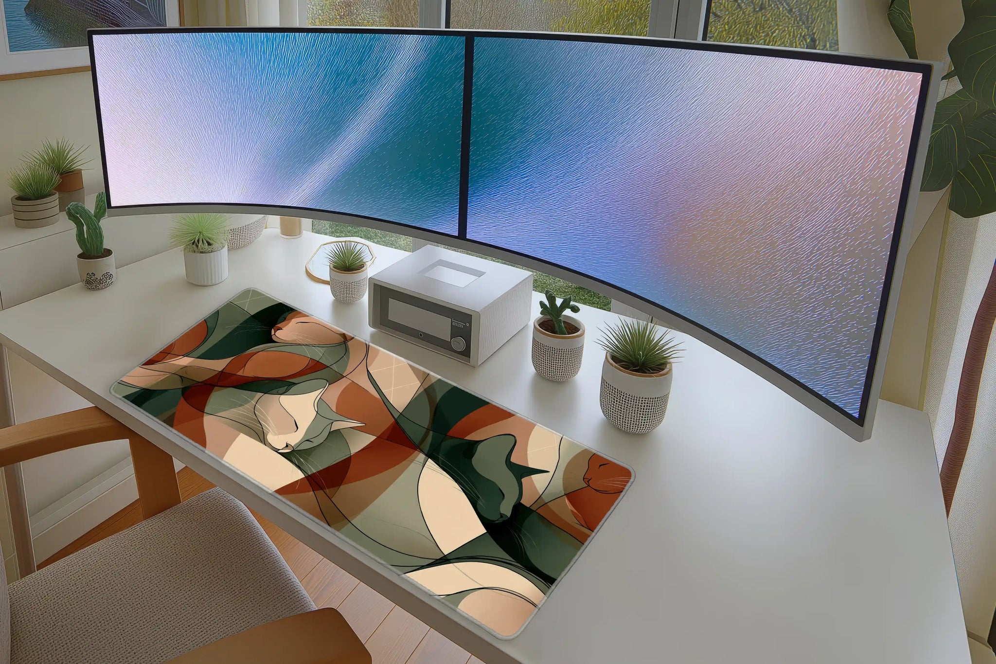 Abstract Cat Line Art Desk Mat | Modern Mouse Pad in a full desk setup with keyboard, mouse, and office accessories