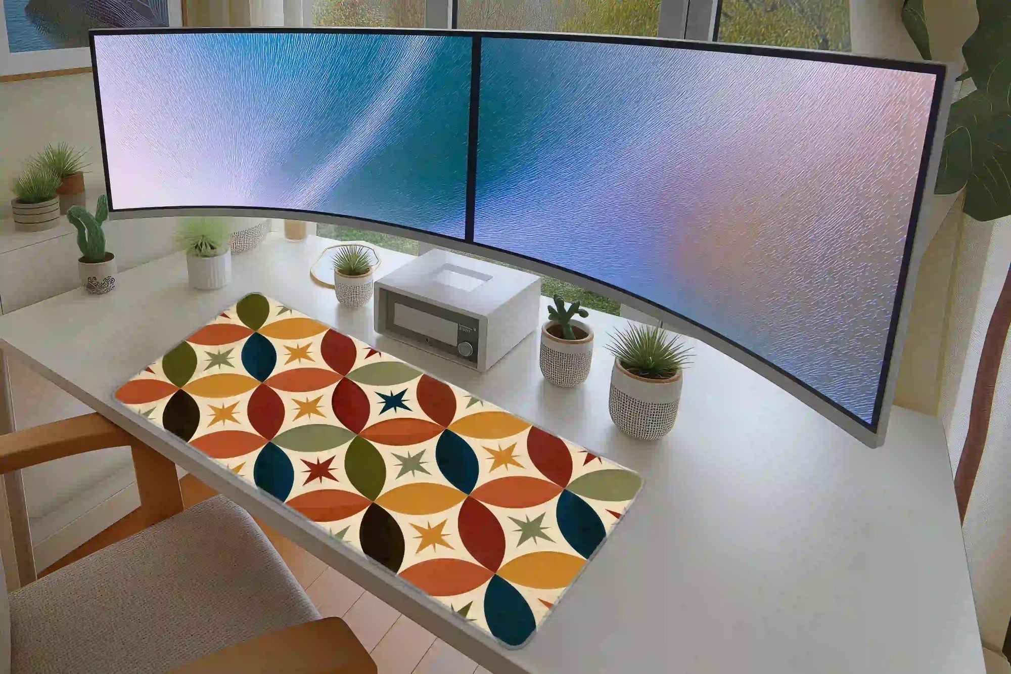 Mid-Century Geometric desk mat in a full desk setup with a keyboard and mouse layout