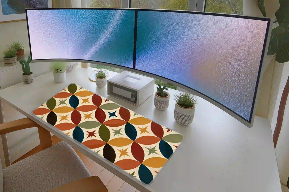 Mid-Century Geometric desk mat in a full desk setup with a keyboard and mouse layout