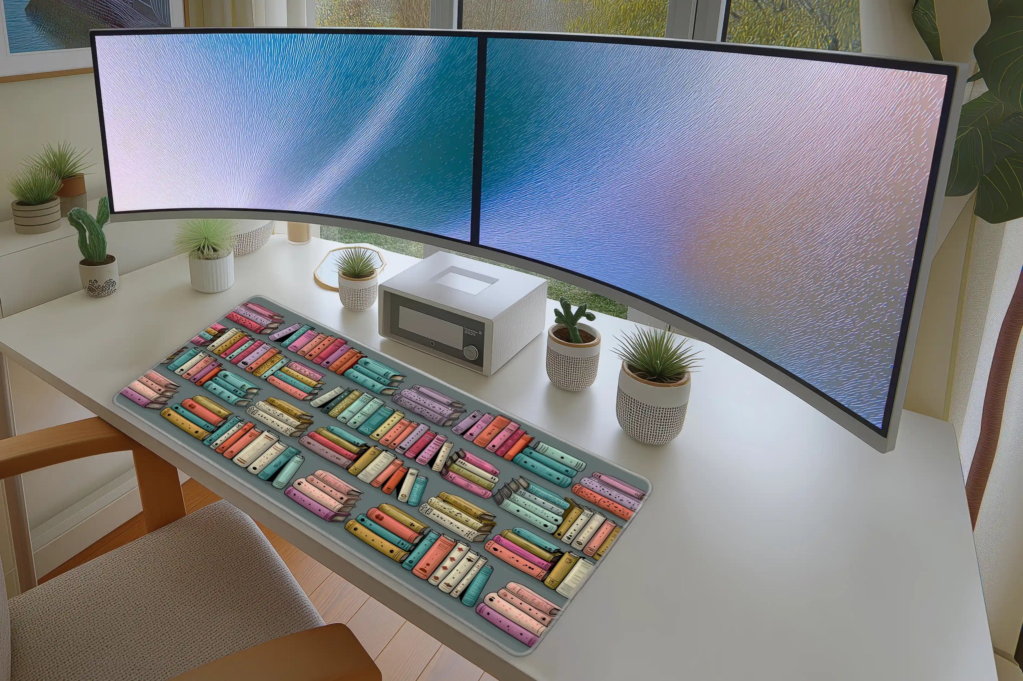 Lifestyle desk mockup of Colorful Bookshelf Desk Mat | Pastel Book Stacks with keyboard and mouse layout