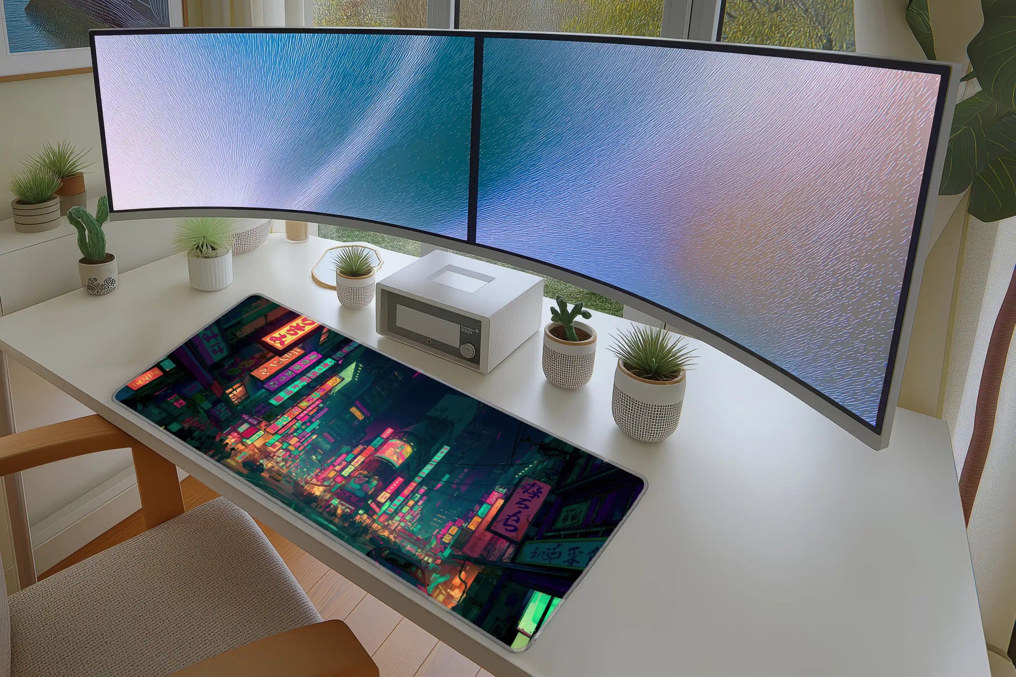 Cyberpunk Tokyo Night Desk Mat | Neon City Mouse Pad in a full desk setup with keyboard, mouse, and office accessories