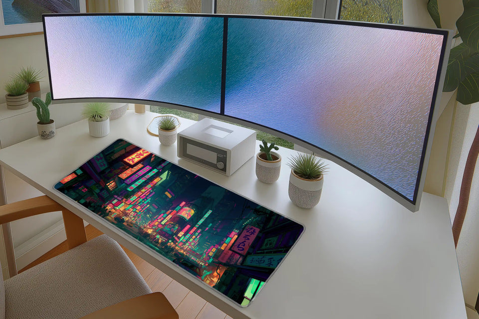 Cyberpunk Tokyo Night Desk Mat | Neon City Mouse Pad in a full desk setup with keyboard, mouse, and office accessories