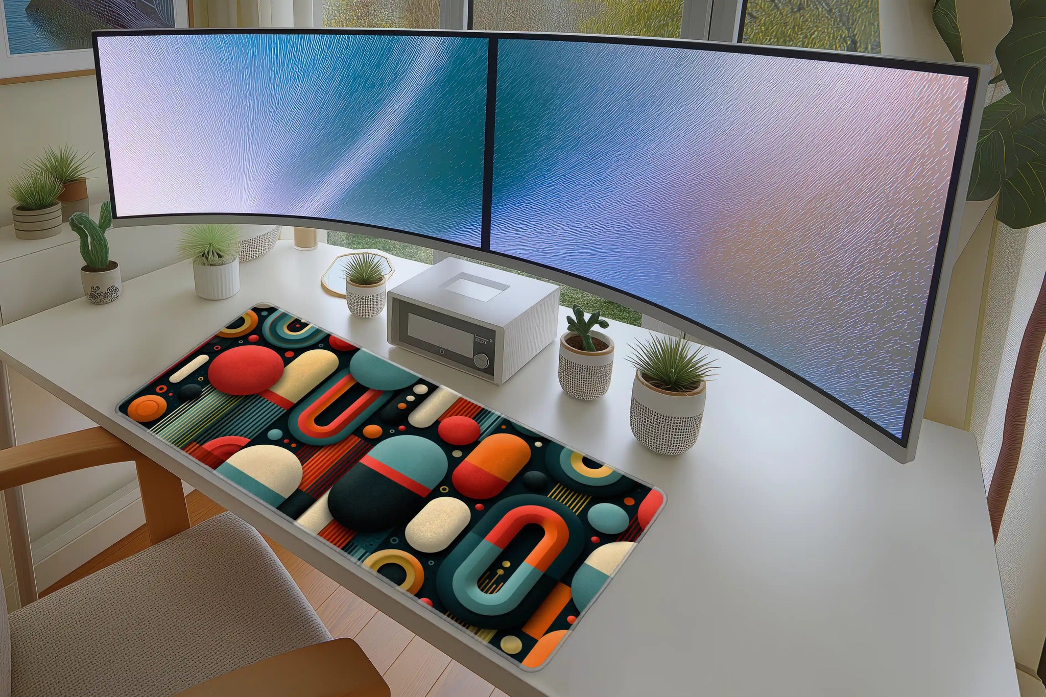 Retro Geometric Abstract desk mat wide surface for a keyboard and mouse layout