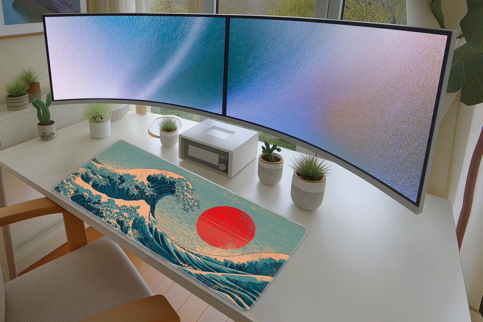 Japanese Great Wave Sunset desk mat wide surface for a keyboard and mouse layout