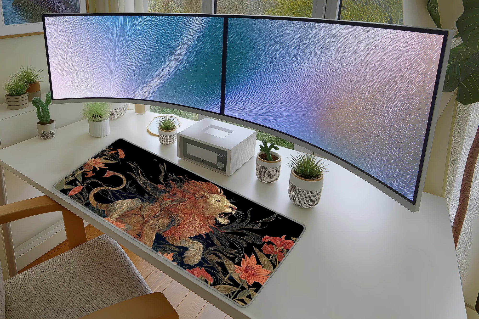 Roaring Lion Floral Desk Mouse Pad – Artistic Wildlife Desk Mat