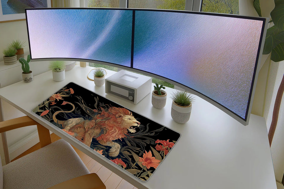 Roaring Lion Floral Desk – Artistic Wildlife desk mat artwork and product view