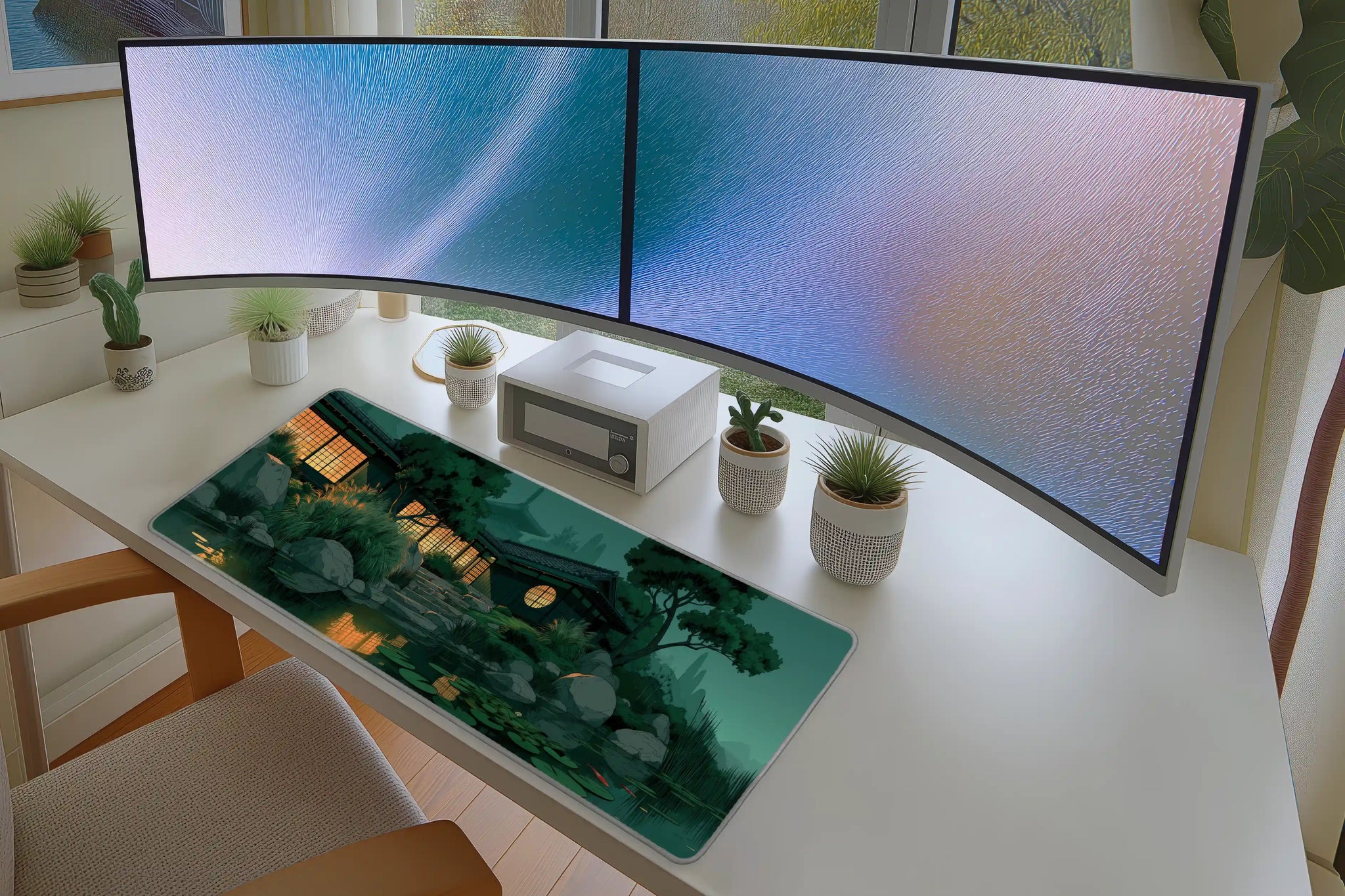 Japanese Zen Garden desk mat wide surface for a keyboard and mouse layout