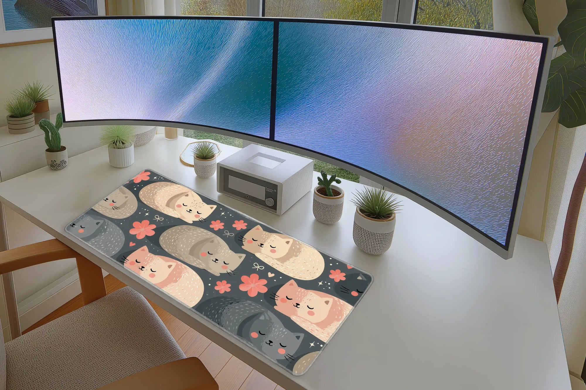 Sleeping Cat Pattern Desk Mat | Kawaii Mouse Pad in a full desk setup with keyboard, mouse, and office accessories