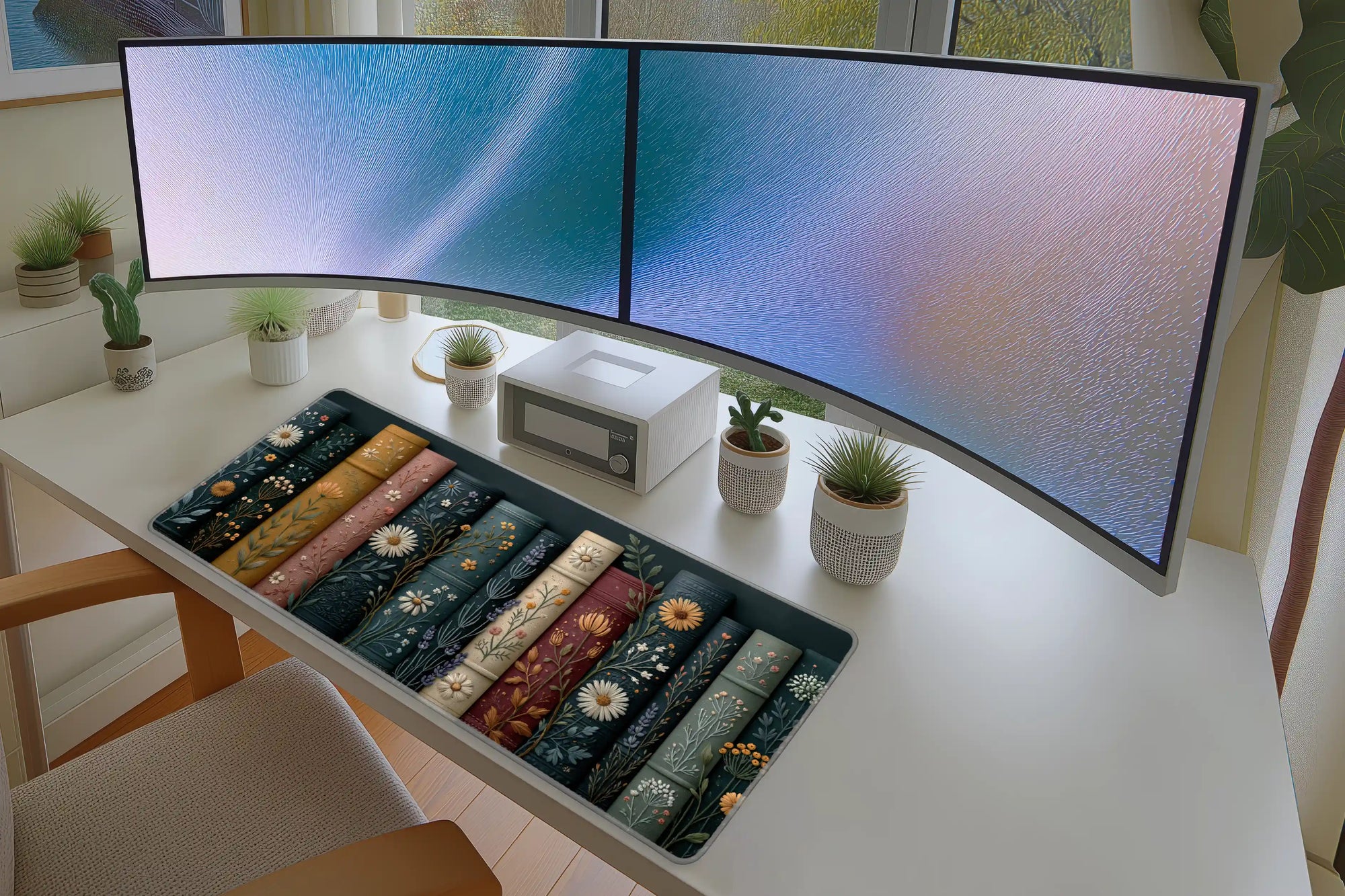 Lifestyle desk mockup of Embroidered Bookshelf Desk Mat | Vintage Spines with keyboard and mouse layout