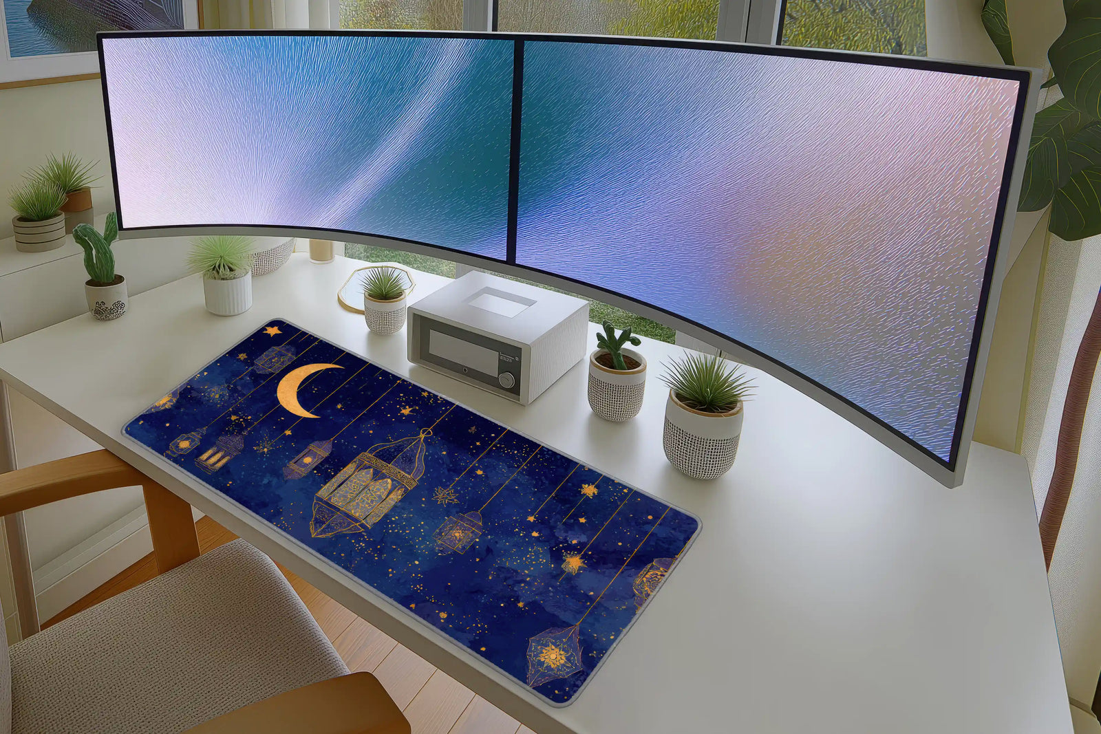 Golden Lanterns & Crescent Moon Mousepad – Night Sky Art