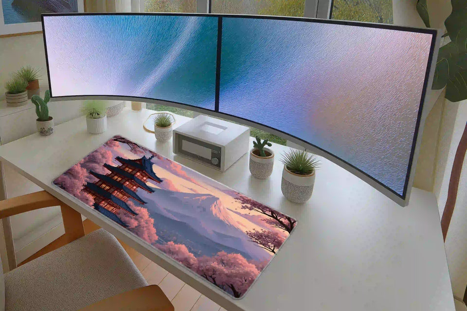 Mount Fuji Blossom extended mouse pad completing a home office desk setup