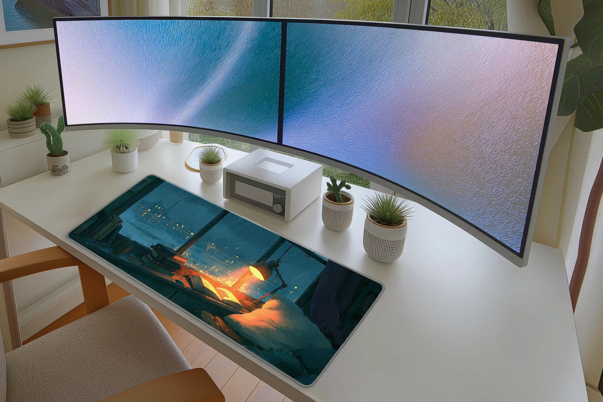 Lifestyle desk mockup of Rainy Reading Window Desk Mat | Cozy Lamp with keyboard and mouse layout
