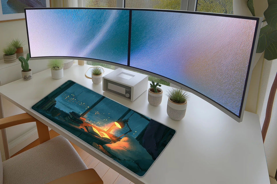 Lifestyle desk mockup of Rainy Reading Window Desk Mat | Cozy Lamp with keyboard and mouse layout