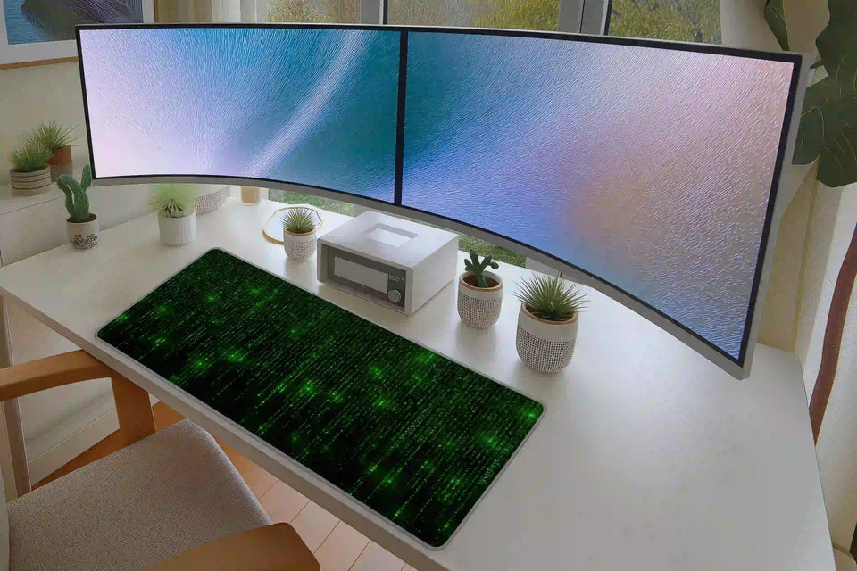 Neon green digital code pattern mouse pad in a full student or gaming desk setup