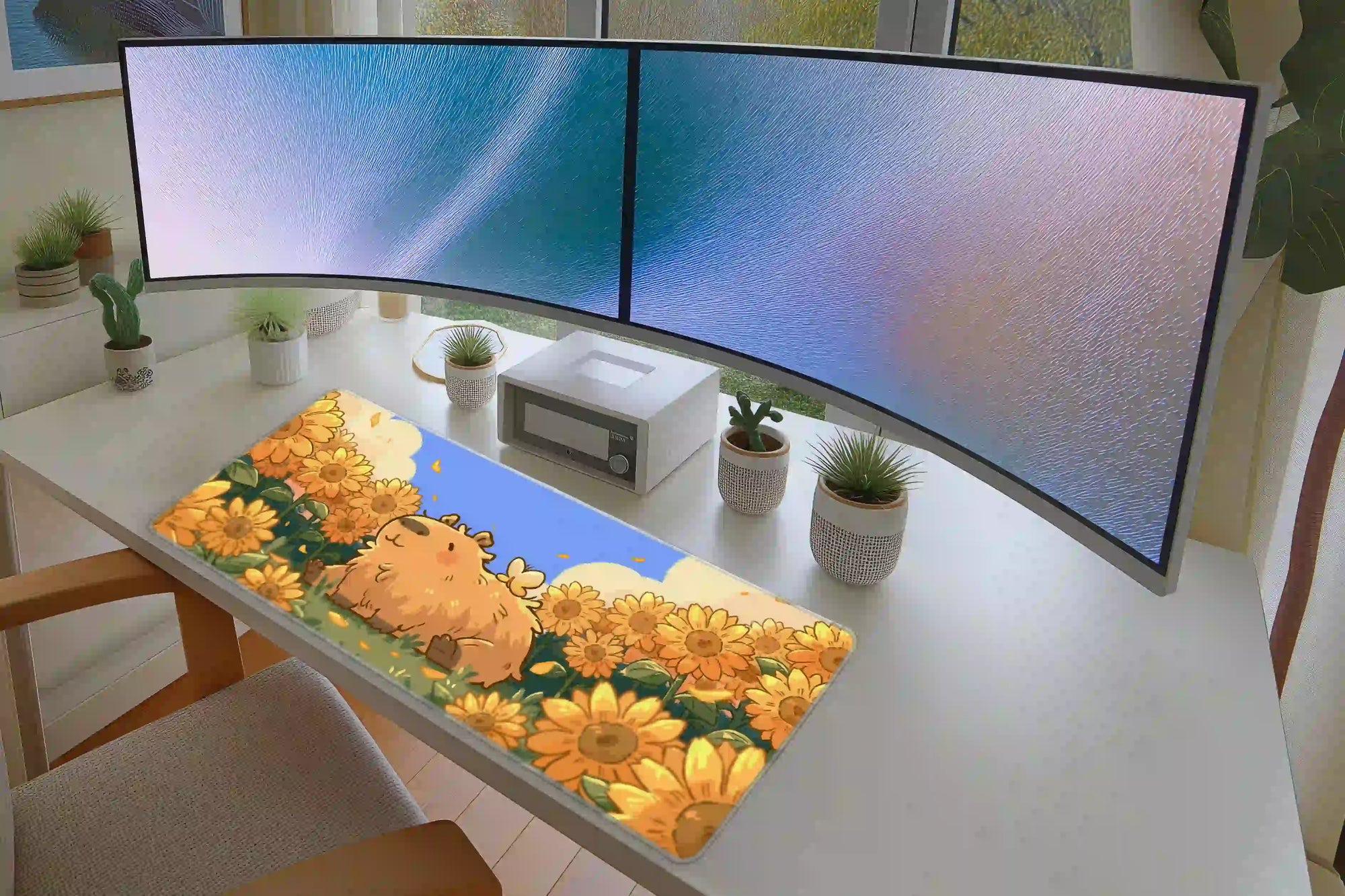 Full desk setup with the cute capybara sunflower field mat beneath a keyboard and mouse