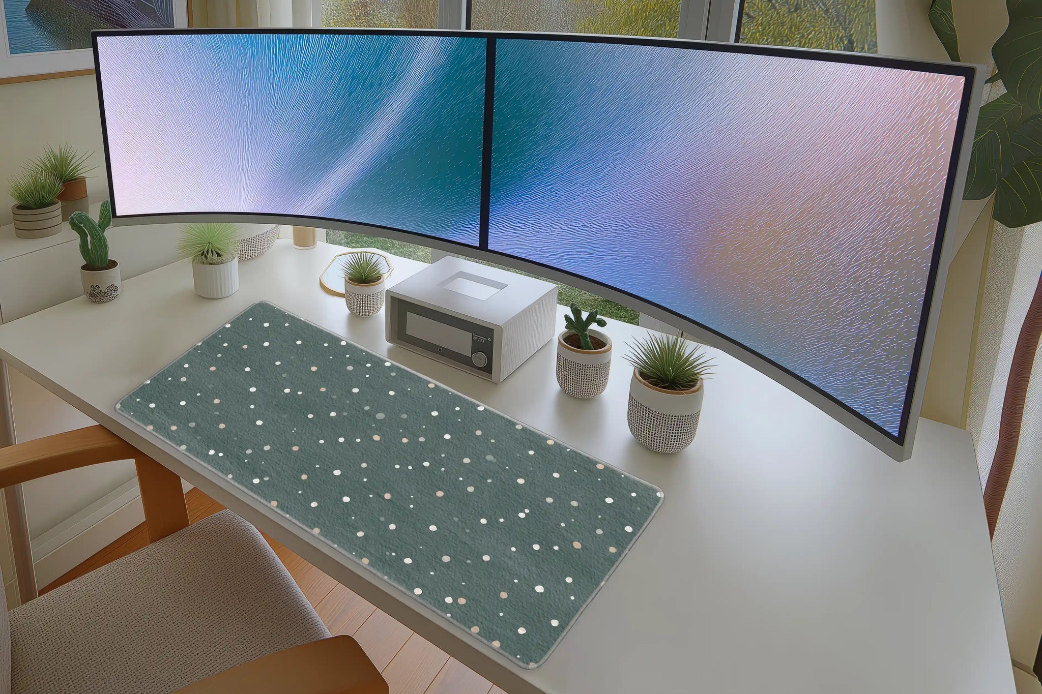 Minimal Snow Dot Desk Mat | Green Abstract Mouse Pad in a full desk setup with keyboard, mouse, and office accessories