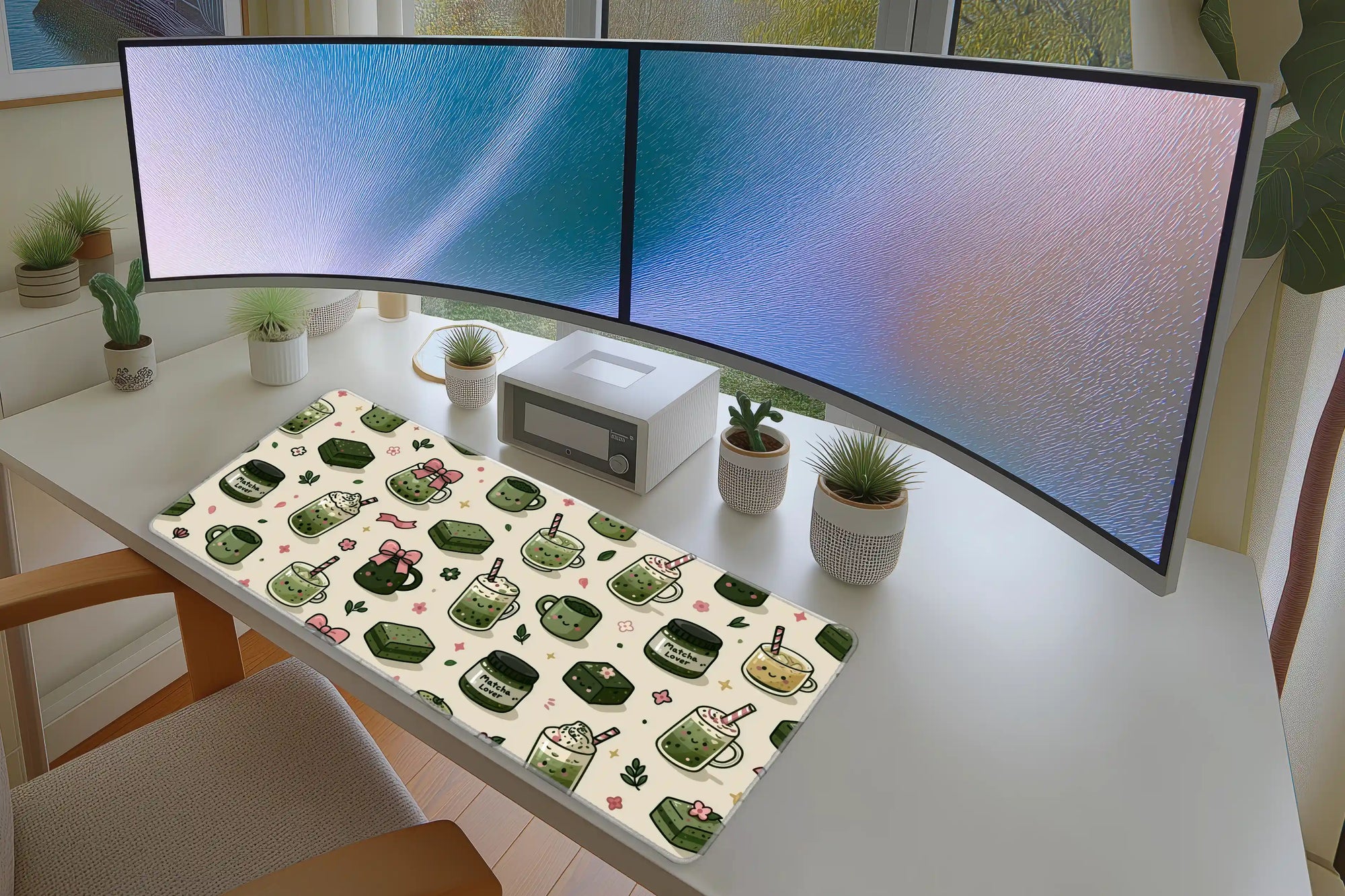 Kawaii Matcha Lover Desk Mat | Green Tea Mouse Pad in a full desk setup with keyboard, mouse, and office accessories