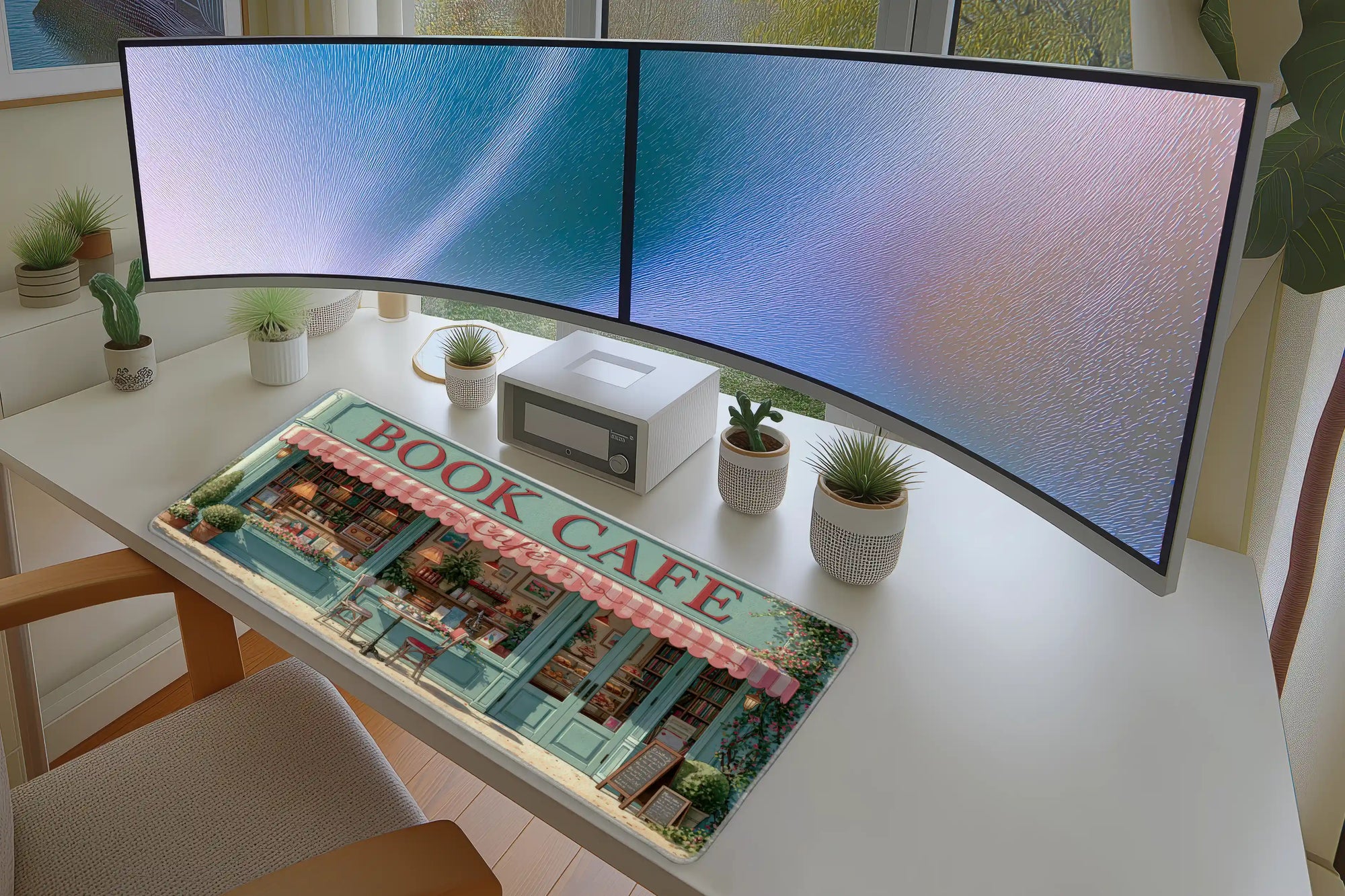 Book Cafe Storefront Desk Mat | Library Mouse Pad in a full desk setup with keyboard, mouse, and office accessories