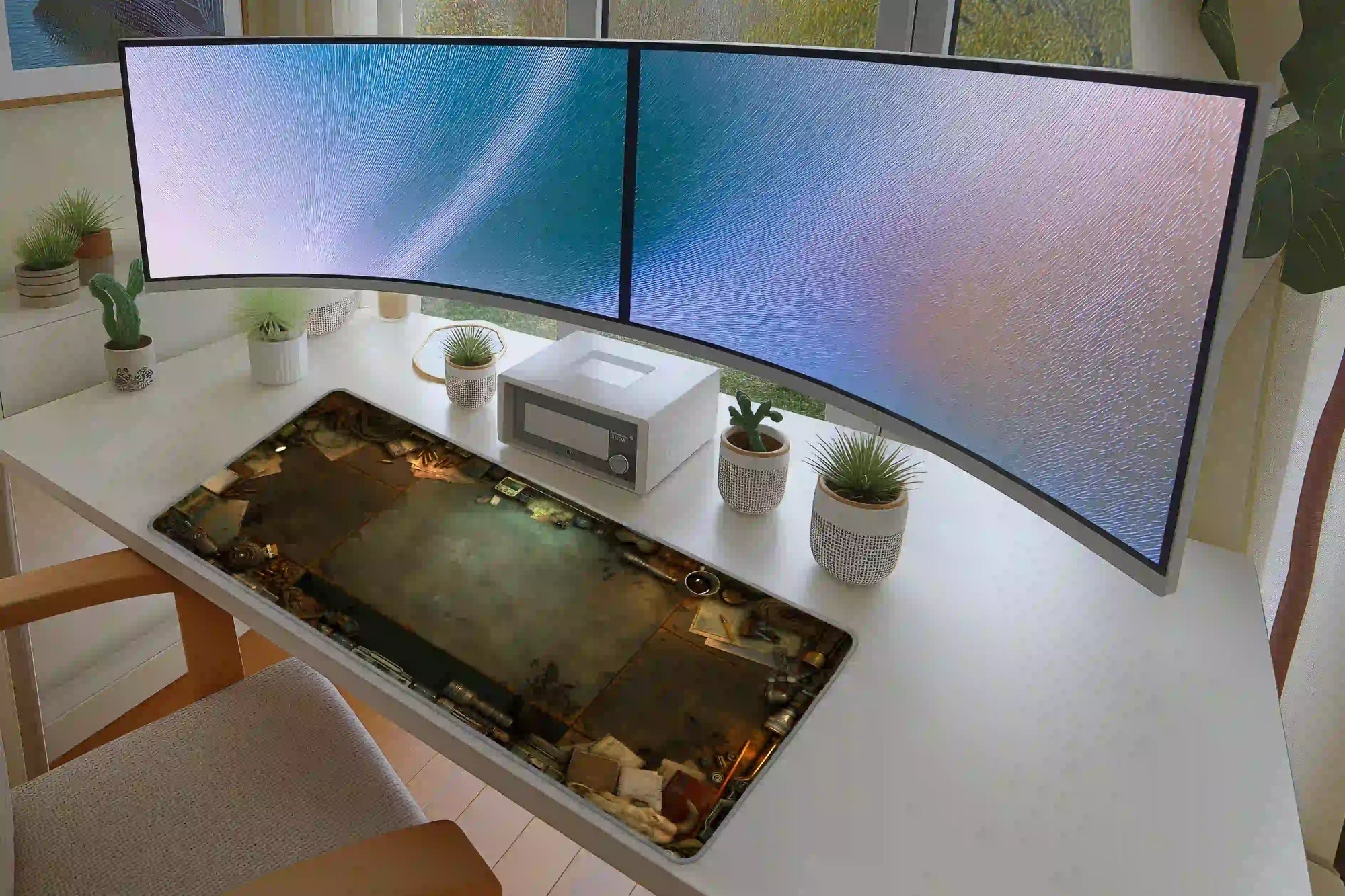 Post-apocalyptic survival workbench desk mat arranged in a keyboard and mouse gaming layout