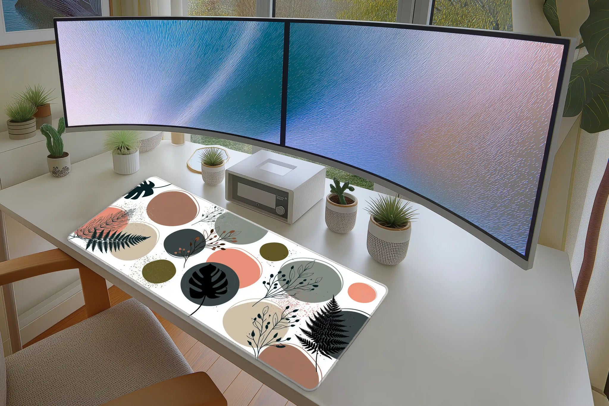 Minimalist Botanical desk mat wide surface for a keyboard and mouse layout
