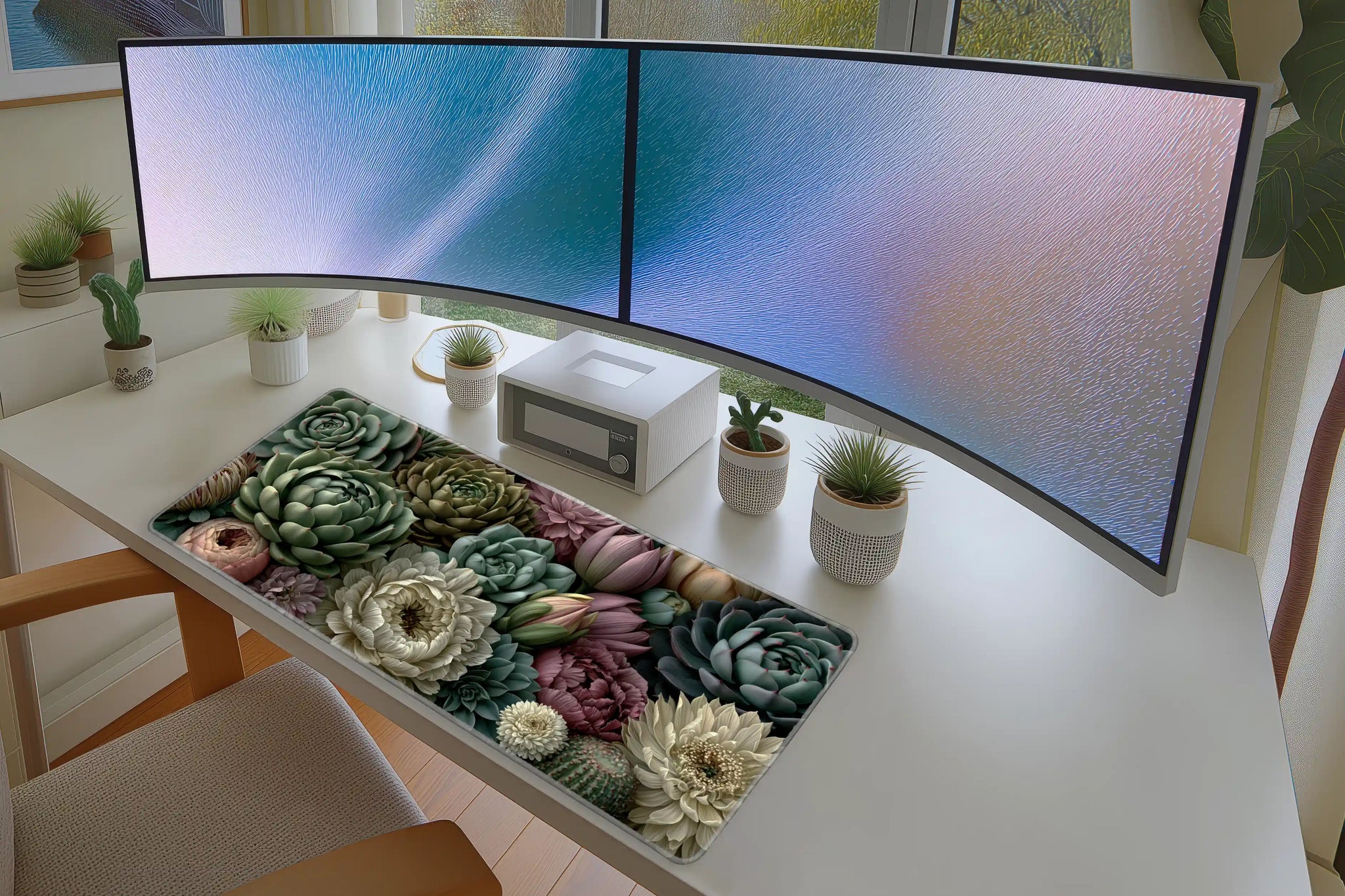 Succulent Floral Garden desk mat wide surface for a keyboard and mouse layout