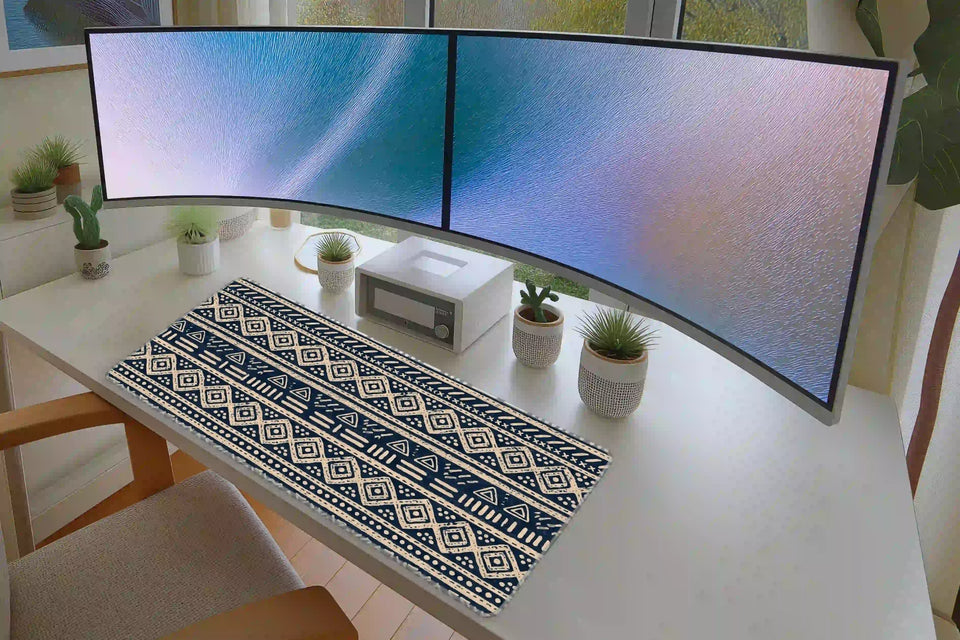 Navy Mudcloth desk mat in a full desk setup with a keyboard and mouse layout