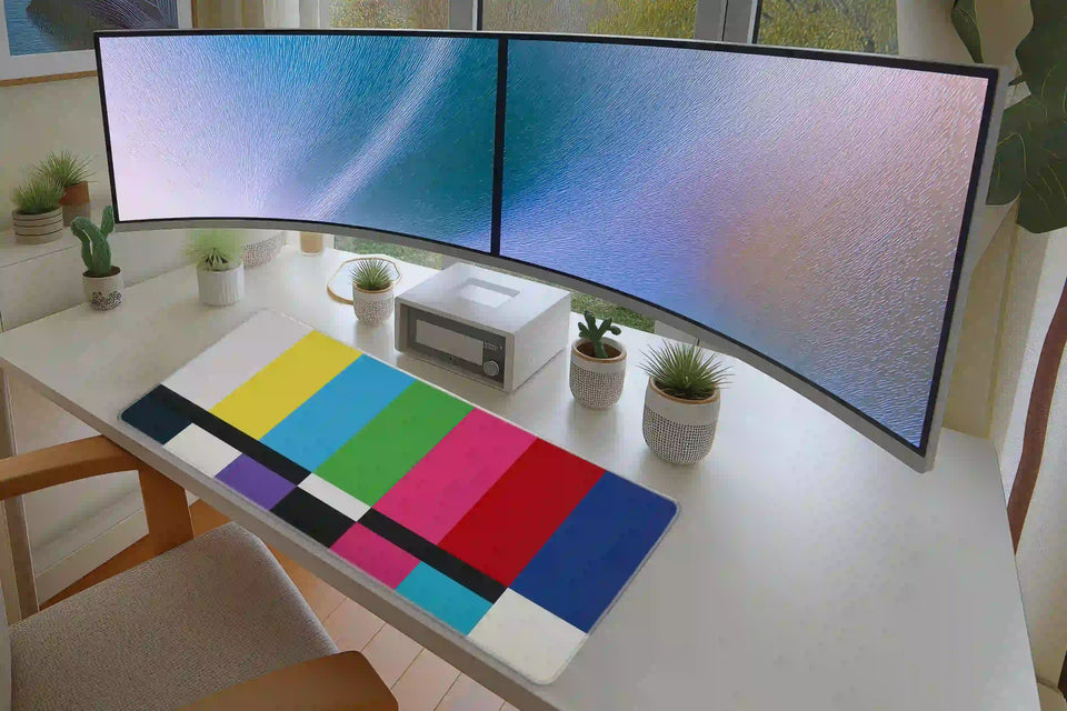 Full keyboard and mouse workspace using the Retro TV Color Bars desk mat