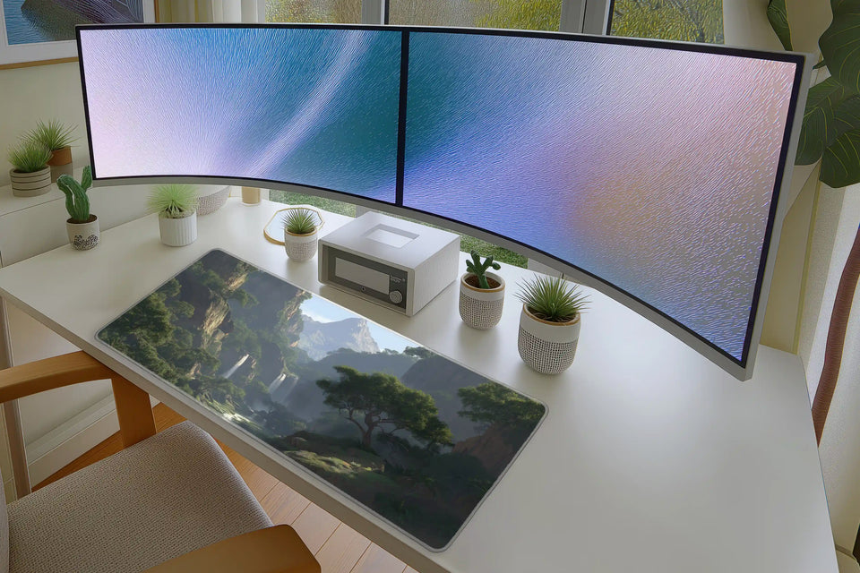 Serene Mountain Valley – Waterfall Nature desk mat artwork and product view