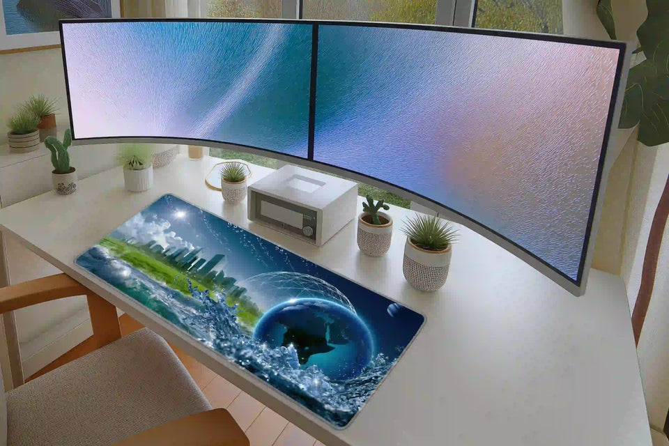 Frutiger Aero Earth City desk mat in a full desk setup with a keyboard and mouse layout