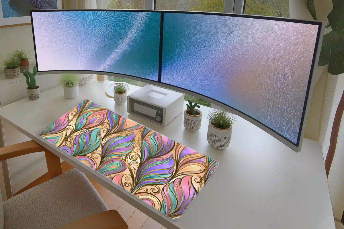 Pastel feather pattern desk mat on a white desk beneath dual monitors, showing its flowing Art Nouveau design