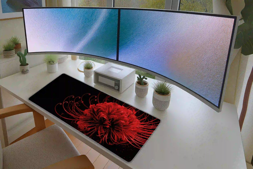 Red Spider Lily desk mat arranged under a keyboard and mouse on a student study desk