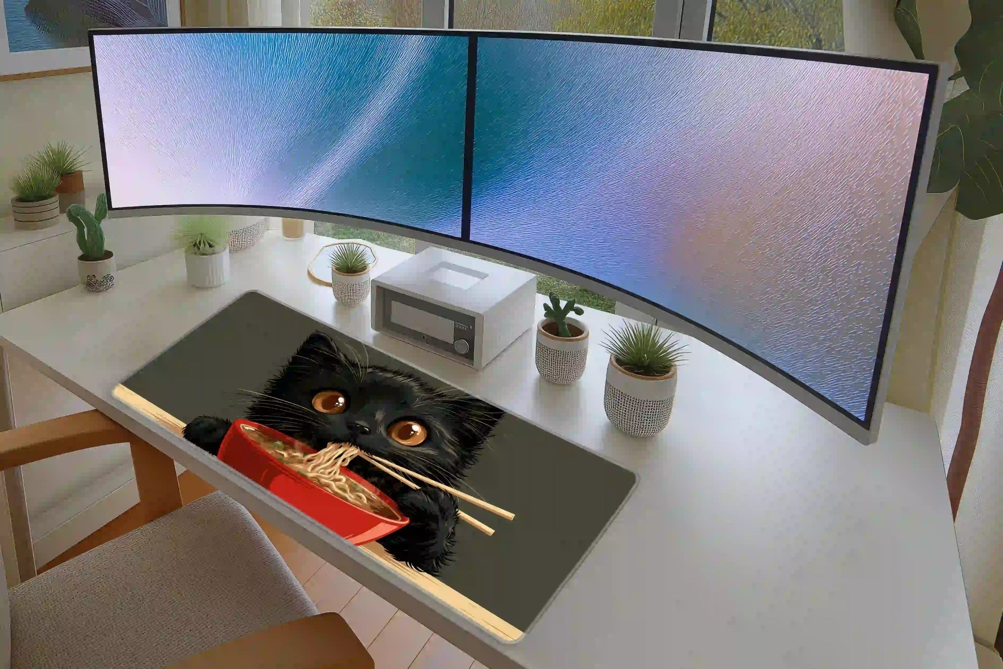 Keyboard and mouse layout on the Black Cat Ramen desk mat for a gaming setup
