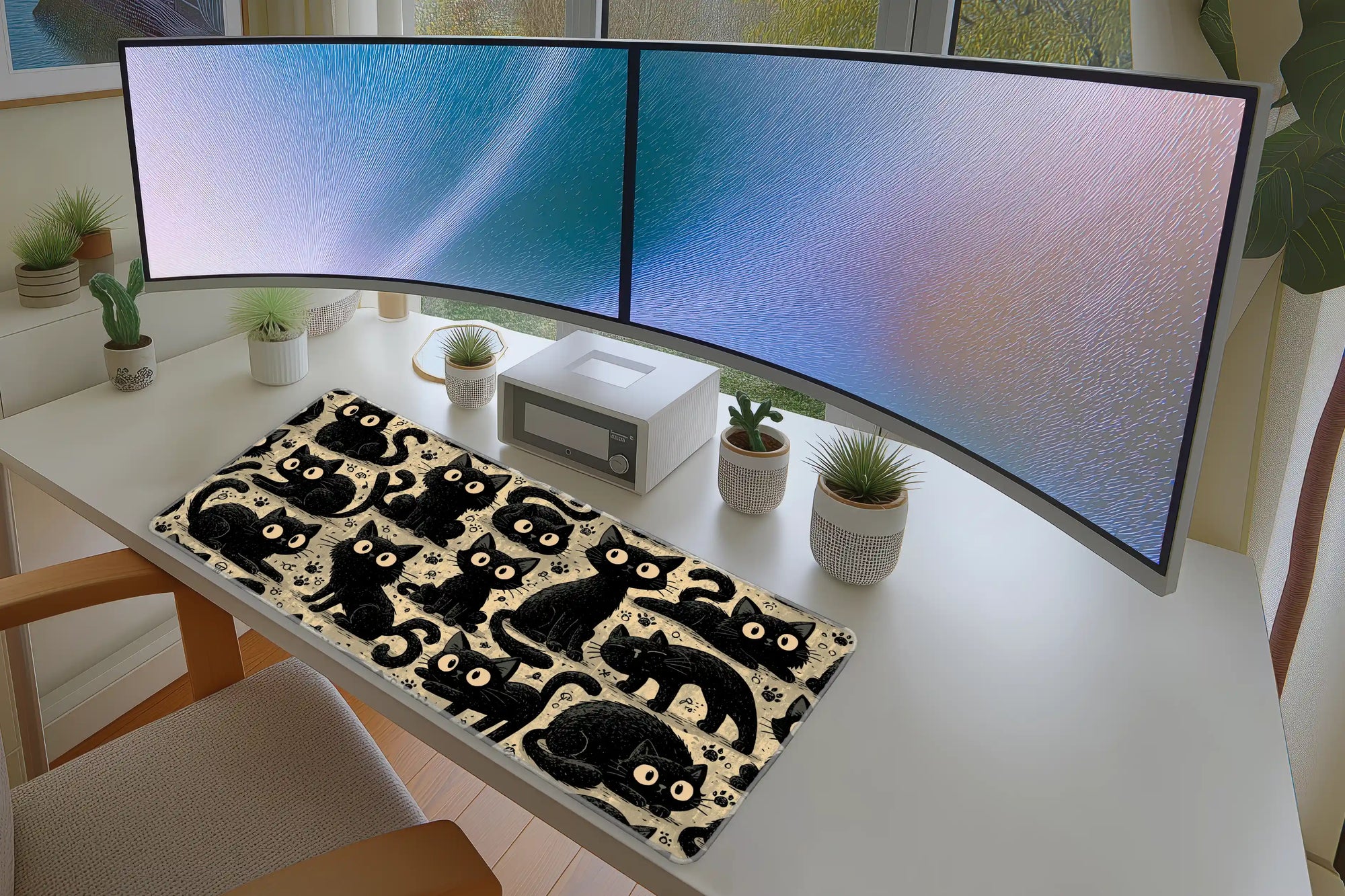 Black Cat Doodle Desk Mat | Cute Pattern Mouse Pad in a full desk setup with keyboard, mouse, and office accessories