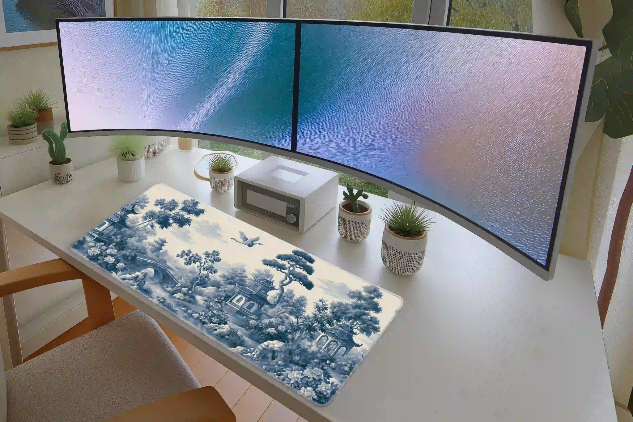 Chinoiserie Garden desk mat in a full office setup with keyboard and mouse