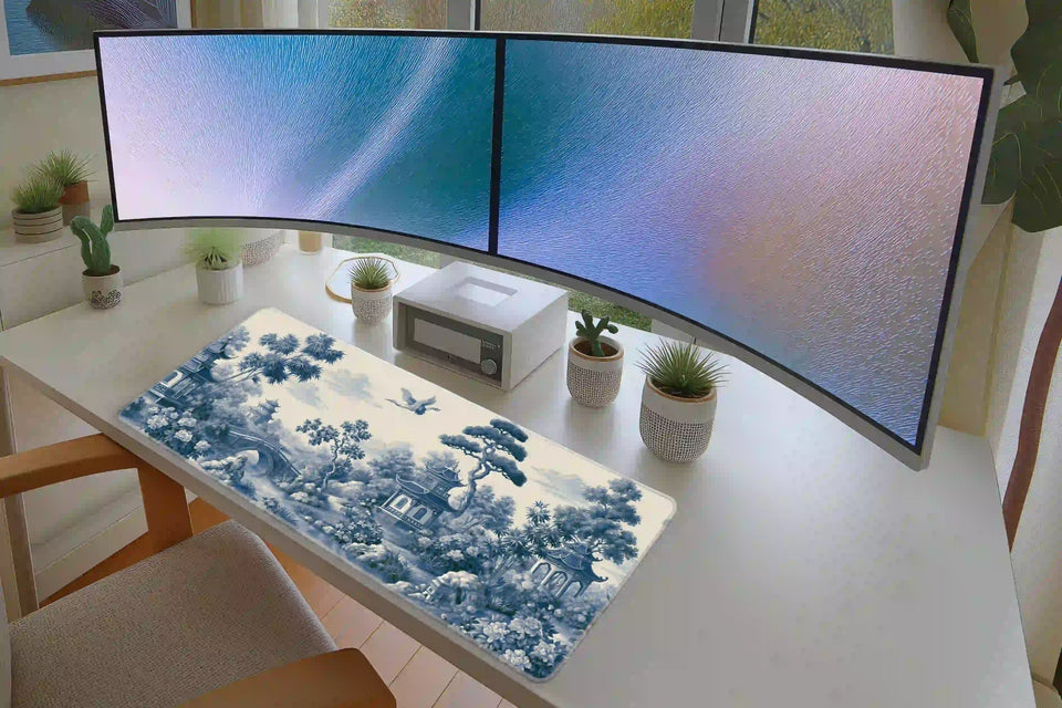 Chinoiserie Garden desk mat in a full office setup with keyboard and mouse