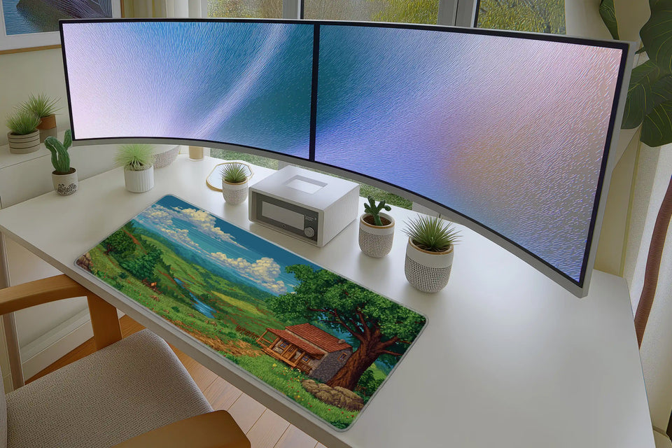 Cozy Cabin Pixel Art Mousepad – Serene Nature Landscape