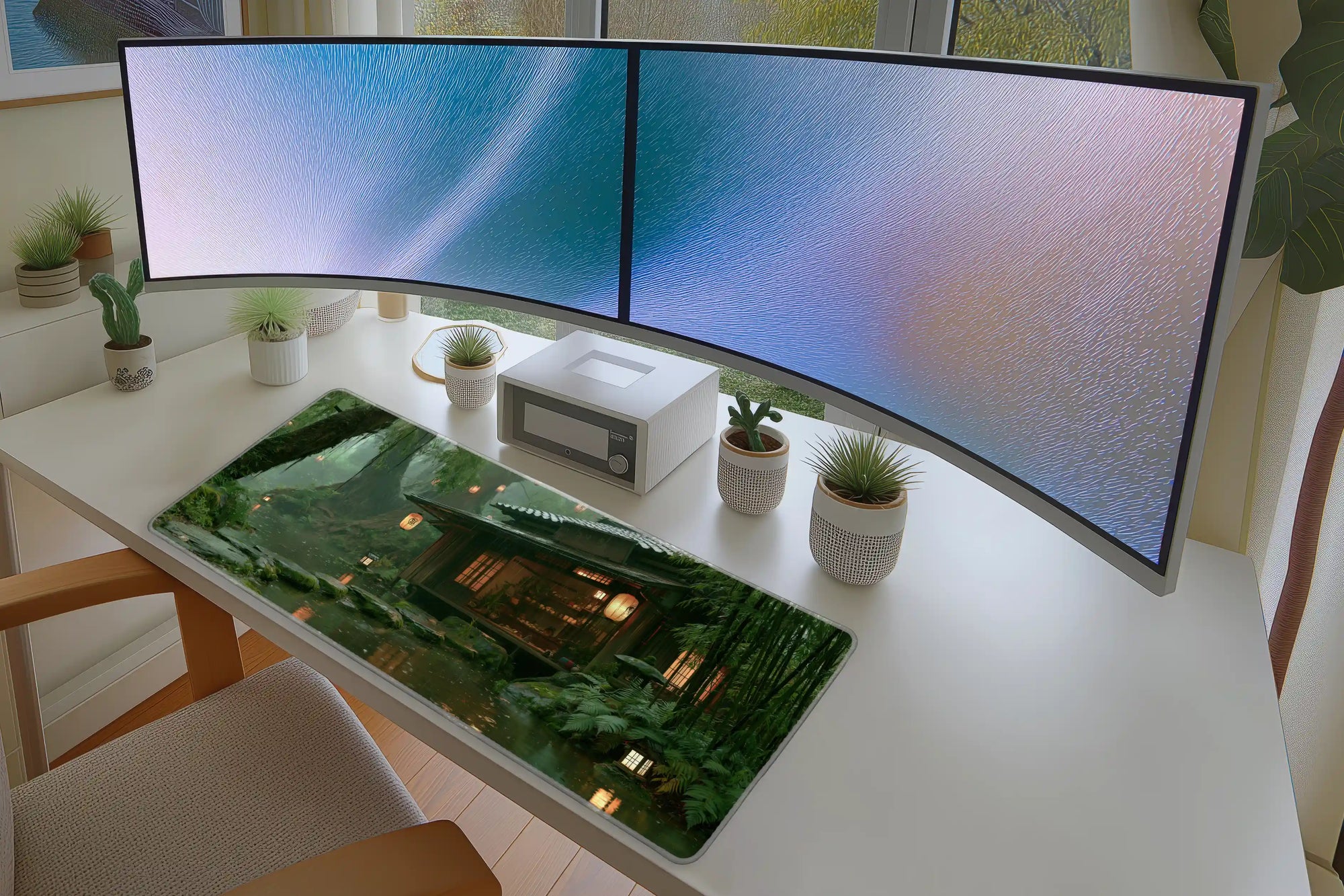 Lifestyle desk mockup of Forest Tea House Desk Mat | Bamboo Lanterns with keyboard and mouse layout