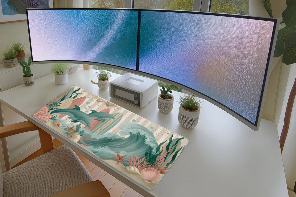 Coastal Dolphin Surf – Beach Aesthetic desk mat artwork and product view