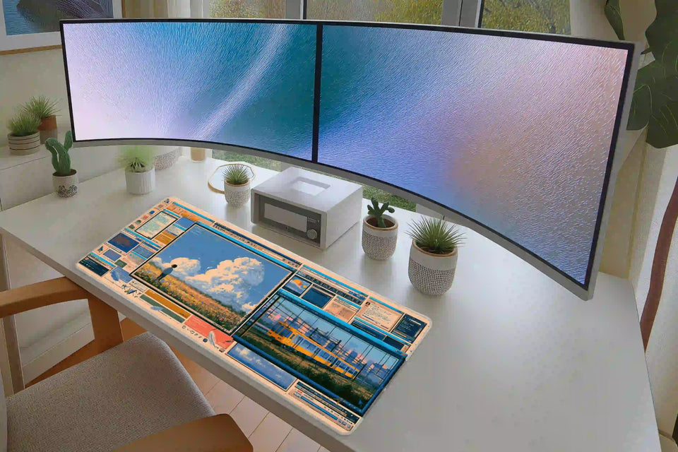 Retro Web 2.0 desk mat in a full desk setup with a keyboard and mouse layout