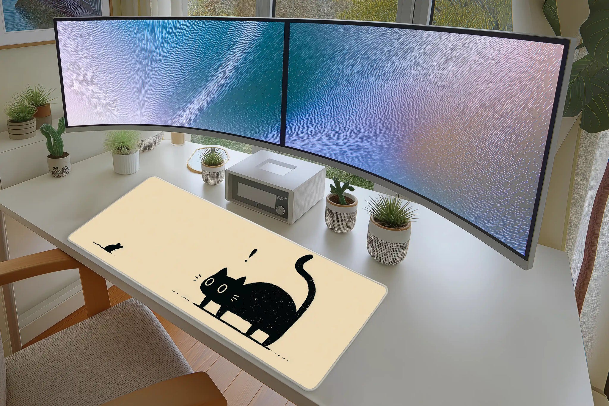 Black Cat Mouse Cream Minimal mouse pad showing stitched edge detail