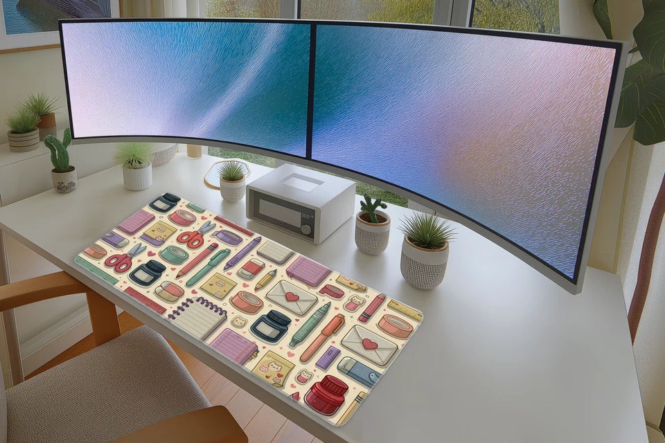 Lifestyle desk mockup of Cute Stationery Desk Mat | Pens and Notes Pattern with keyboard and mouse layout