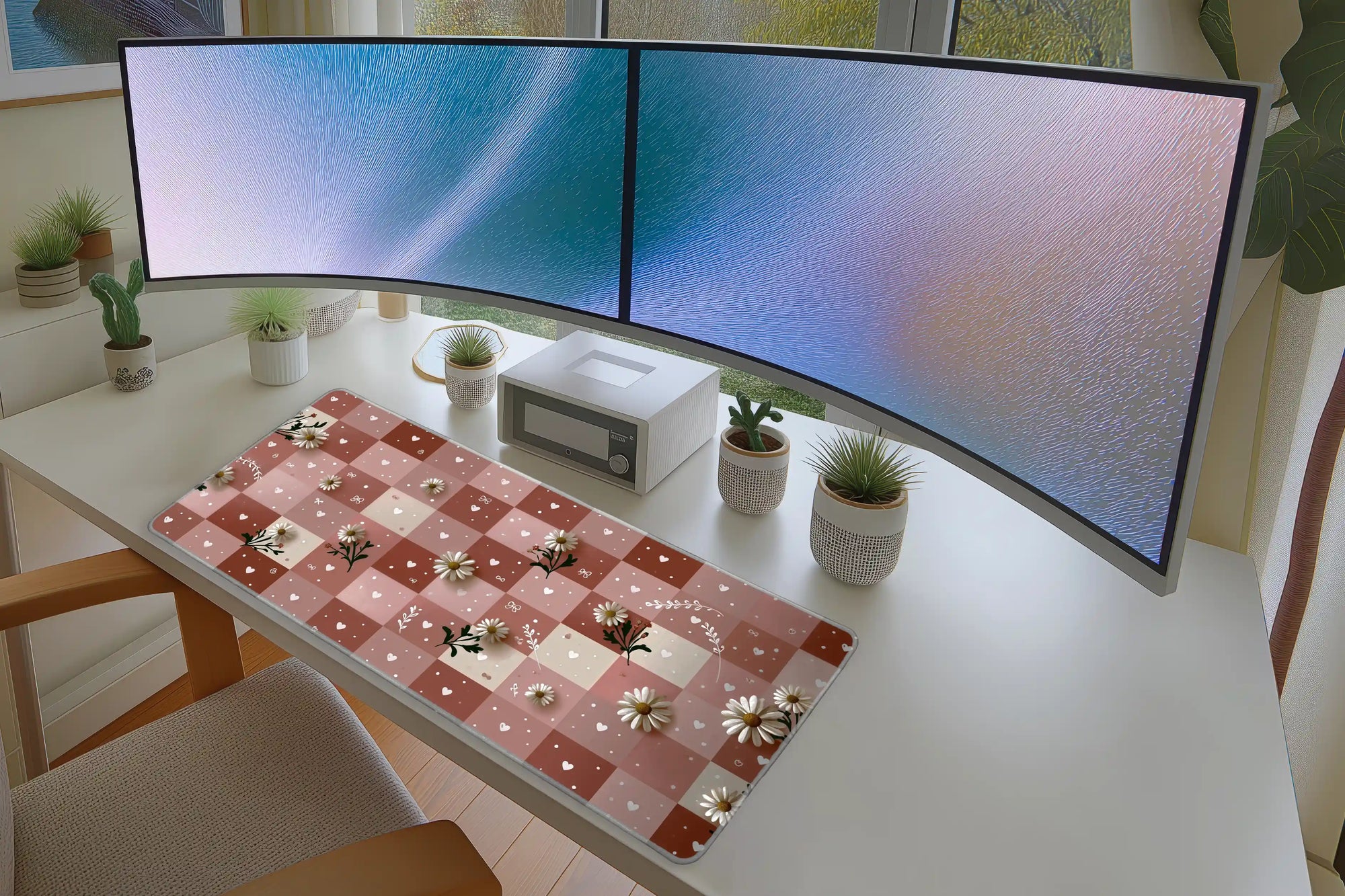 Lifestyle desk mockup of Pink Checker Daisy Desk Mat | Heart Floral Pattern with keyboard and mouse layout