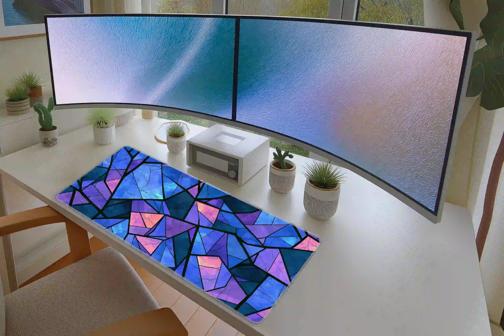 Blue Purple Stained Glass Geometric Abstract Desk Mat