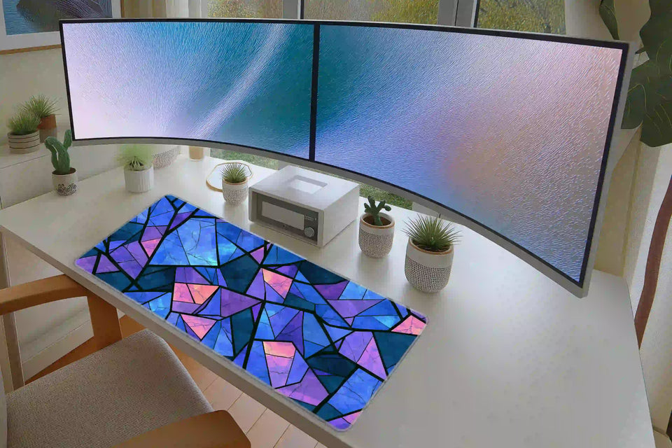 Blue Purple Stained Glass Geometric Abstract Desk Mat