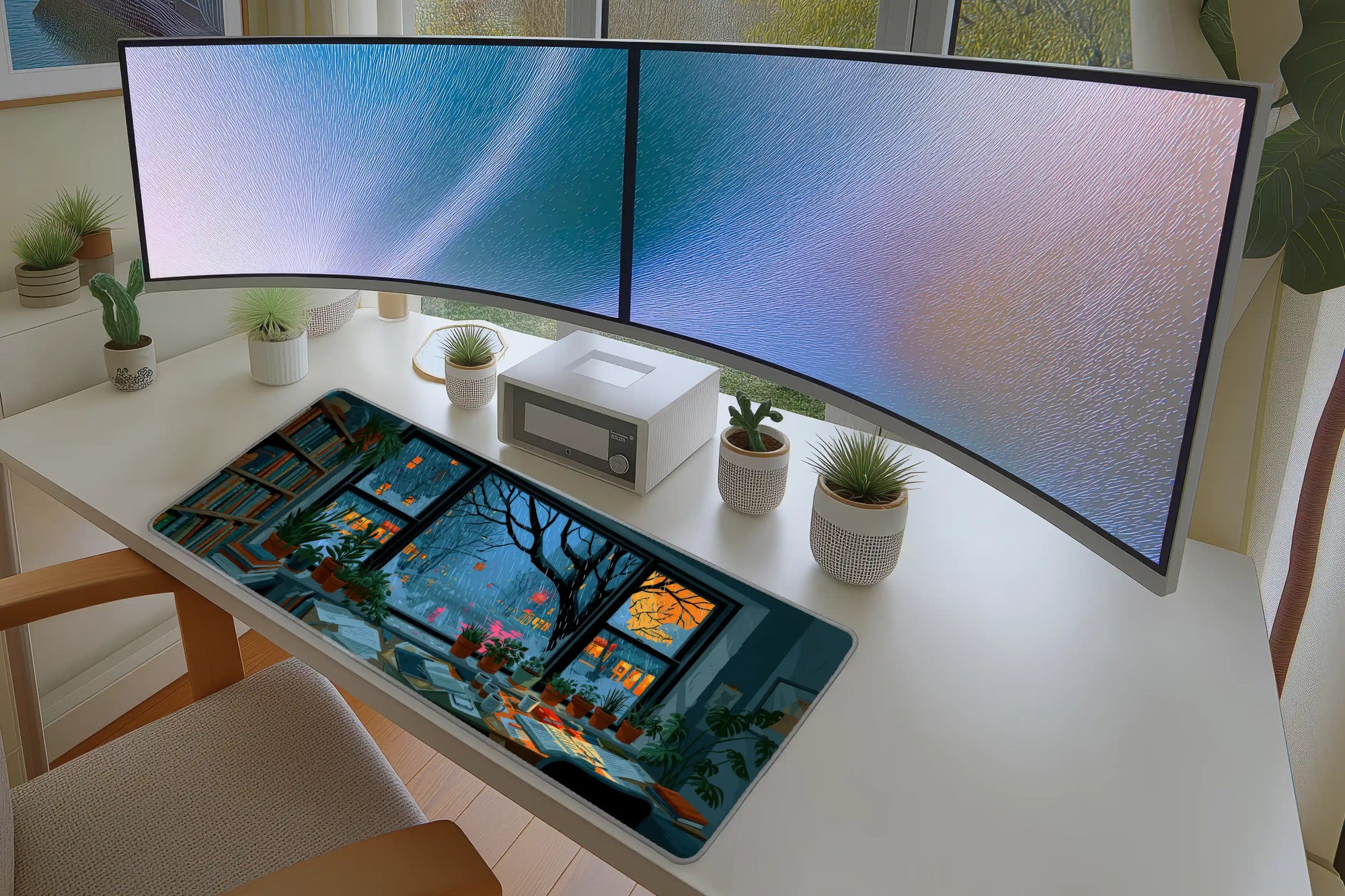 Lifestyle desk mockup of Rainy Study Desk Mat | City Window Plant Nook with keyboard and mouse layout
