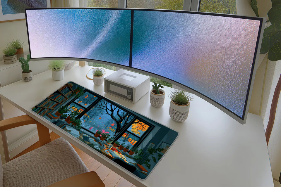 Lifestyle desk mockup of Rainy Study Desk Mat | City Window Plant Nook with keyboard and mouse layout