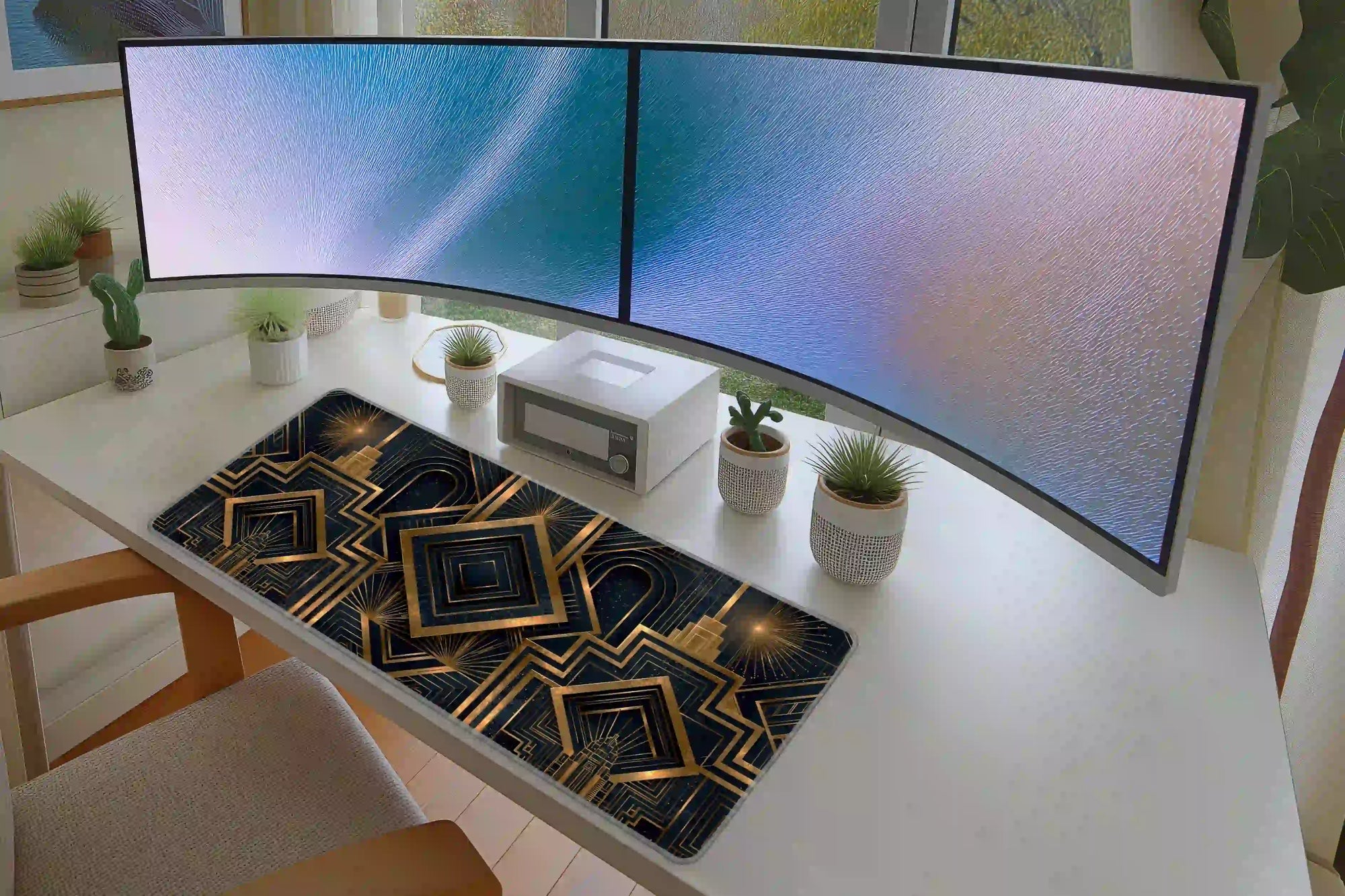 Navy and Gold Art Deco Geometric Luxury Desk Mat