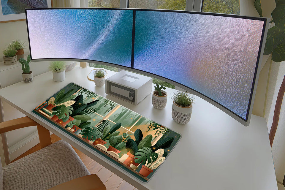 Lifestyle desk mockup of Houseplant Window Desk Mat | Cozy Open Book with keyboard and mouse layout