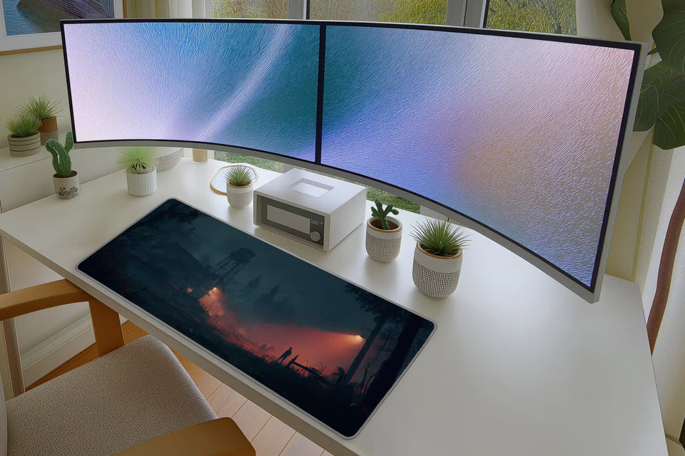 Dystopian Forest Outpost Mousepad – Moody Sci-Fi Art Print