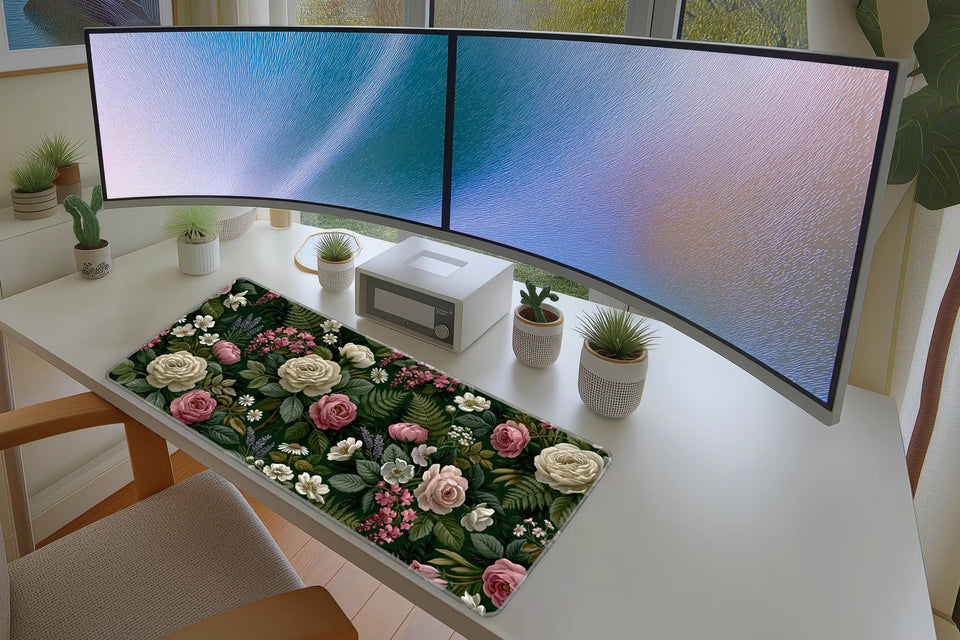 Vintage Garden Floral Green Fern Rose mouse pad showing stitched edge detail
